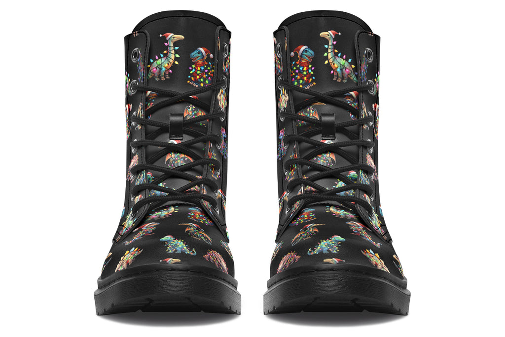 Black boots featuring a pattern of different dinosaurs wrapped in Christmas lights. Some are also wearing Christmas hats.