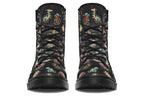 Black boots featuring a pattern of different dinosaurs wrapped in Christmas lights. Some are also wearing Christmas hats.