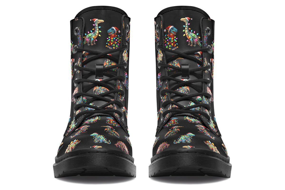 Black boots featuring a pattern of different dinosaurs wrapped in Christmas lights. Some are also wearing Christmas hats.