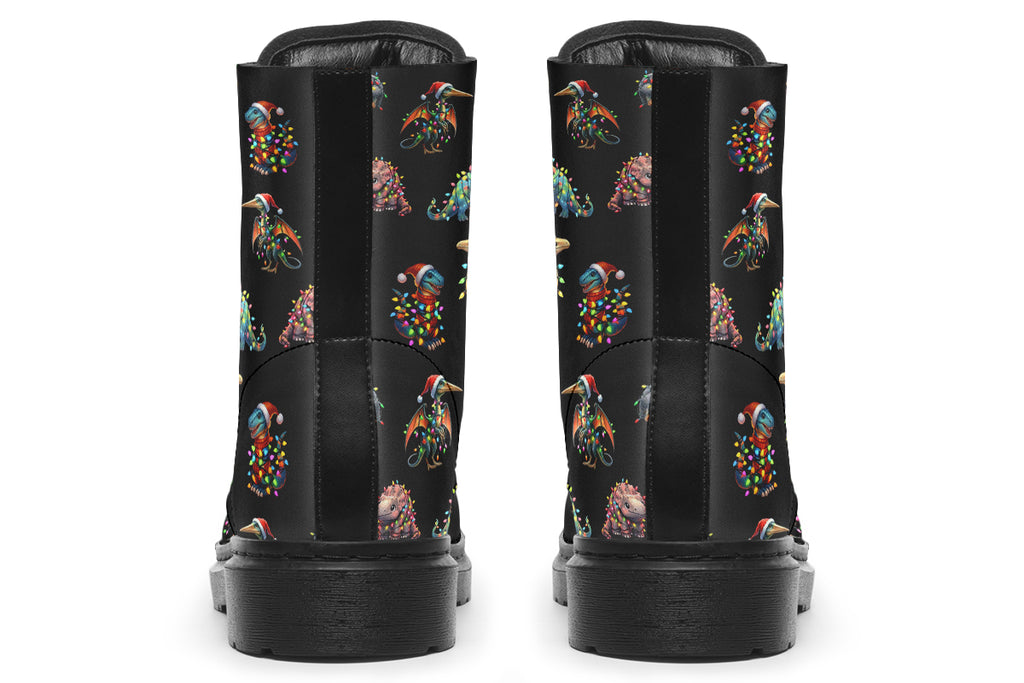 Black boots featuring a pattern of different dinosaurs wrapped in Christmas lights. Some are also wearing Christmas hats.