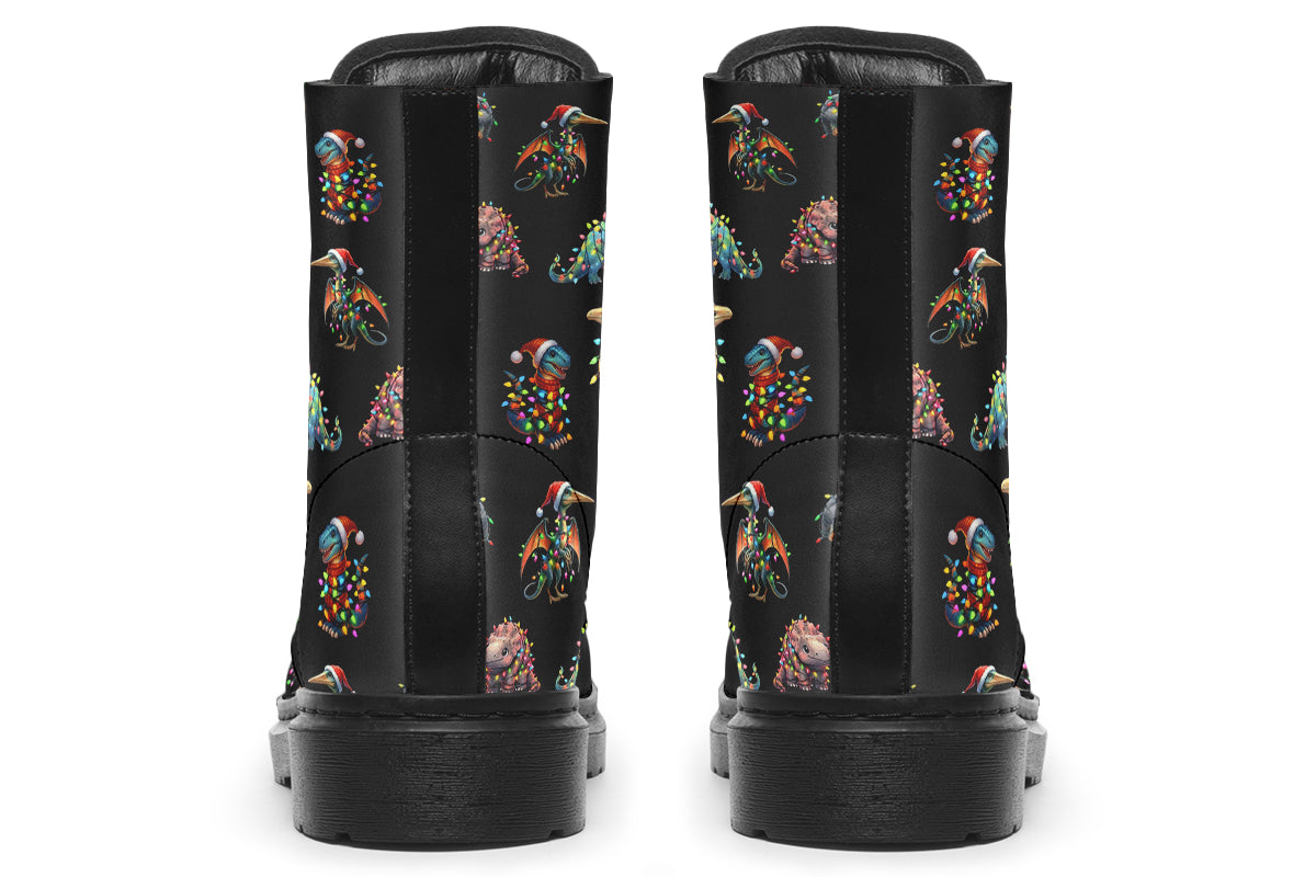 Black boots featuring a pattern of different dinosaurs wrapped in Christmas lights. Some are also wearing Christmas hats.
