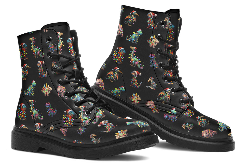 Black boots featuring a pattern of different dinosaurs wrapped in Christmas lights. Some are also wearing Christmas hats.