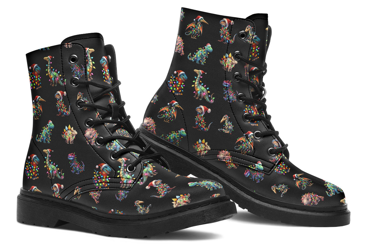 Black boots featuring a pattern of different dinosaurs wrapped in Christmas lights. Some are also wearing Christmas hats.