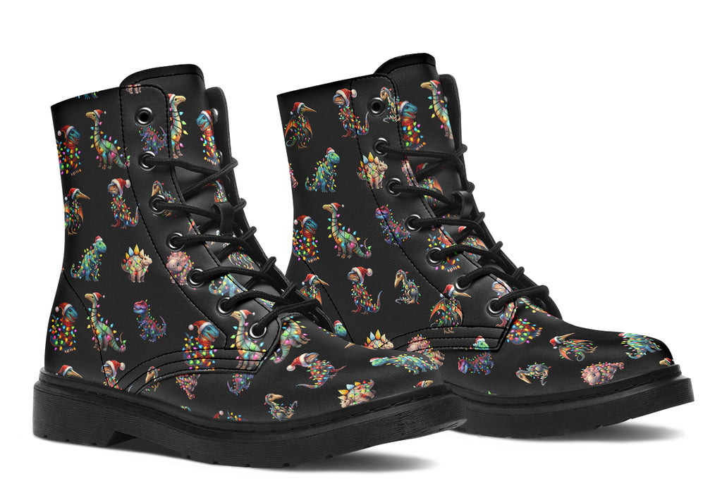Black boots featuring a pattern of different dinosaurs wrapped in Christmas lights. Some are also wearing Christmas hats.