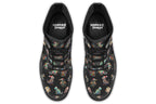 Black boots featuring a pattern of different dinosaurs wrapped in Christmas lights. Some are also wearing Christmas hats.