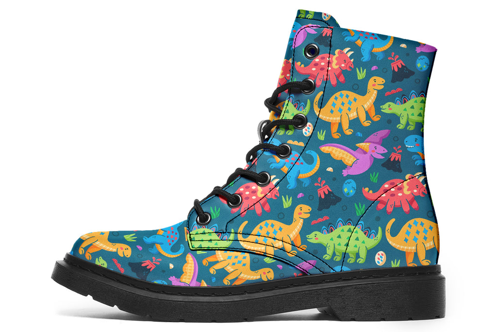 Teal boots with a pattern of dinosaurs in different colours