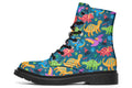 Teal boots with a pattern of dinosaurs in different colours