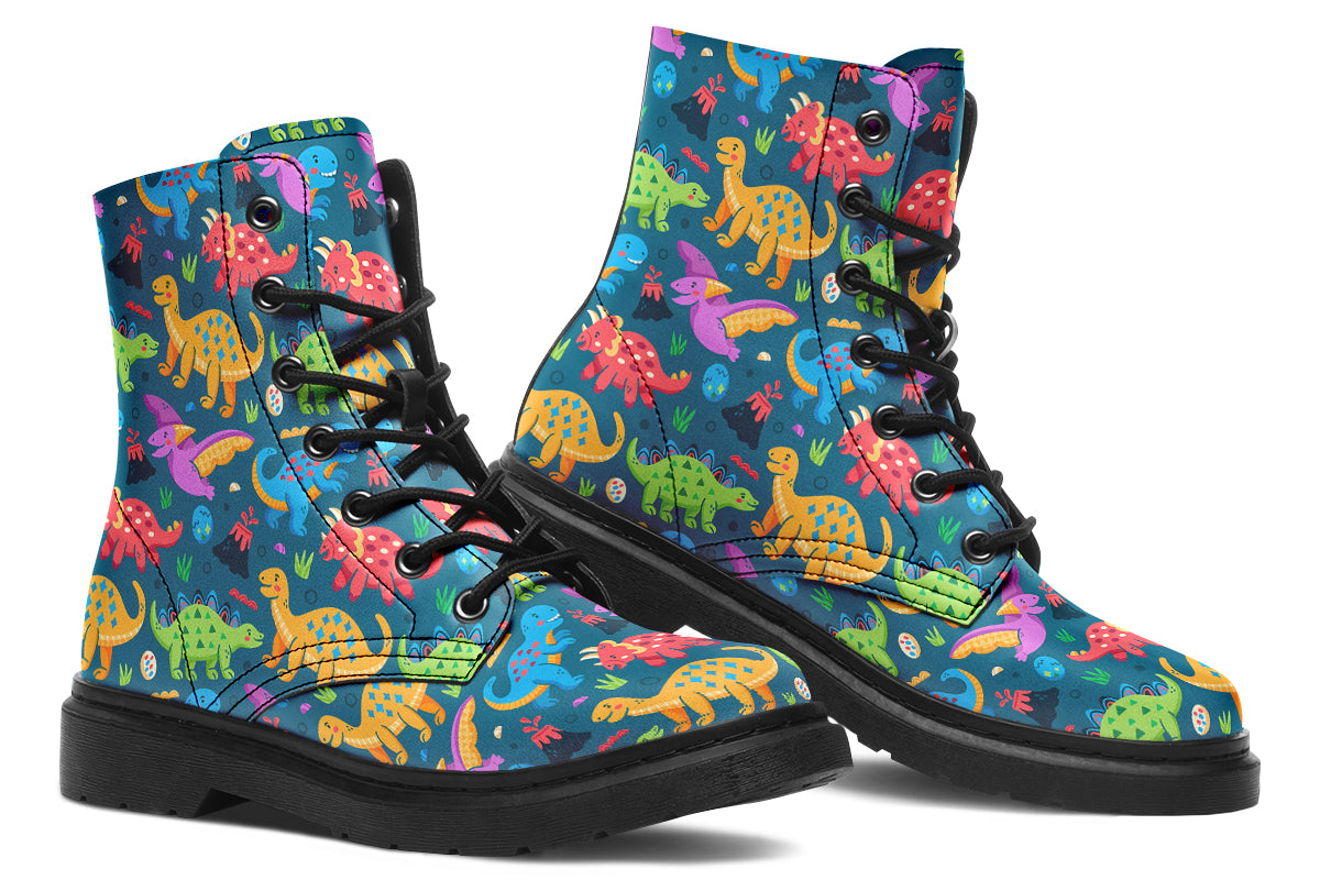 Teal boots with a pattern of dinosaurs in different colours