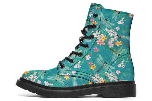 Teal boots with a pattern of soft florals and dragonflies