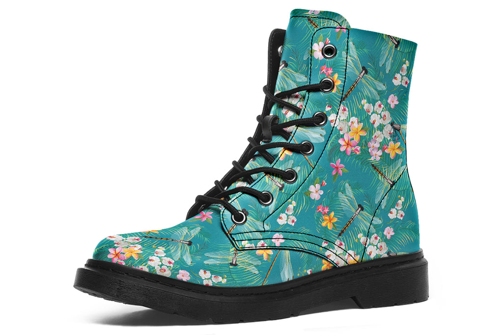 Teal boots with a pattern of soft florals and dragonflies