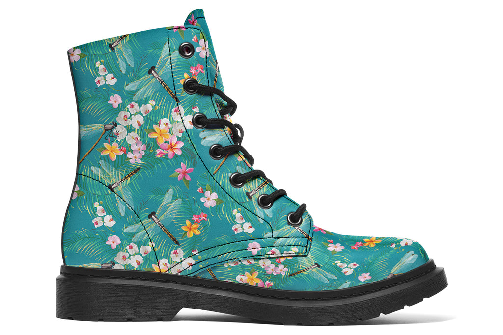 Teal boots with a pattern of soft florals and dragonflies