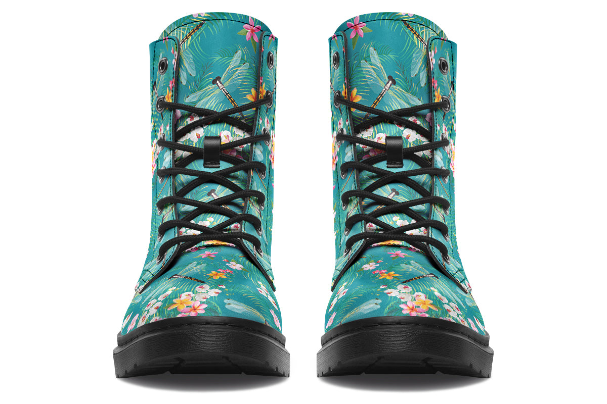 Teal boots with a pattern of soft florals and dragonflies