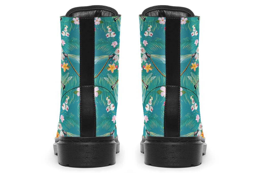 Teal boots with a pattern of soft florals and dragonflies