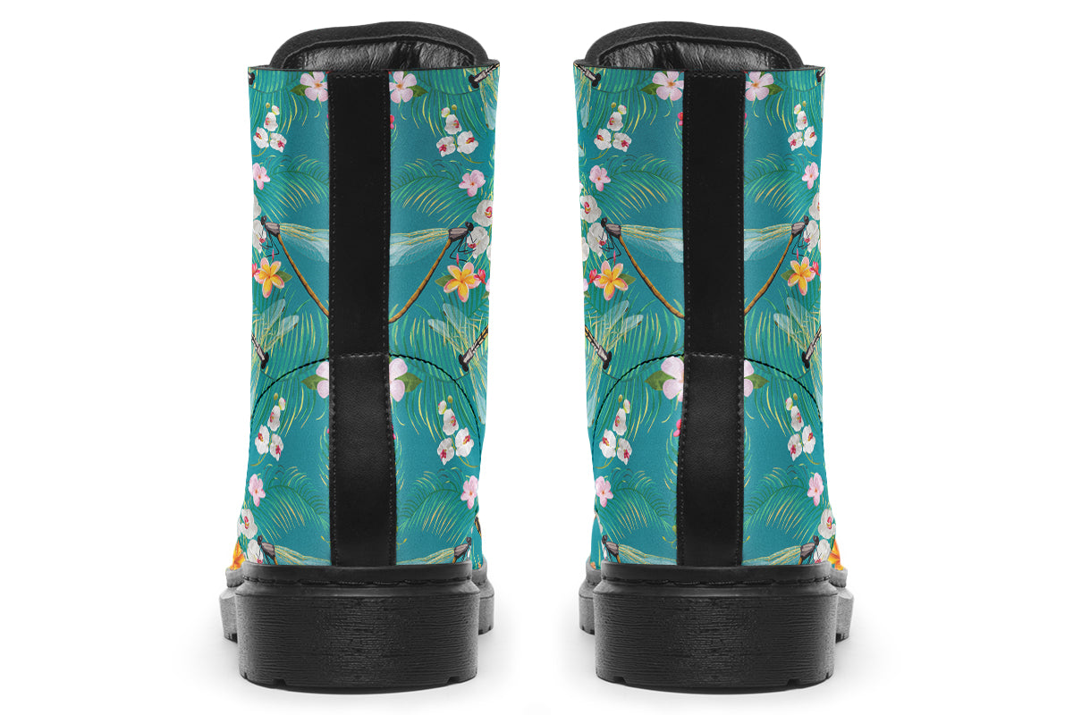 Teal boots with a pattern of soft florals and dragonflies