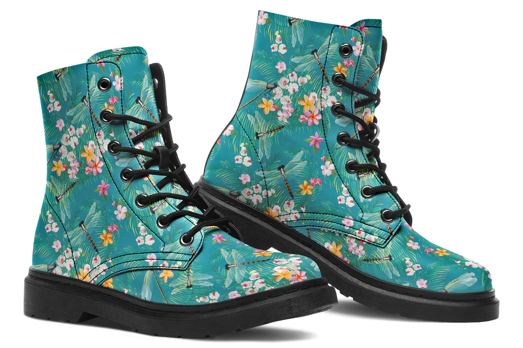 Teal boots with a pattern of soft florals and dragonflies