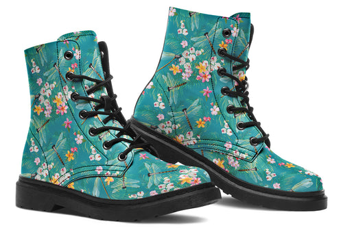Teal boots with a pattern of soft florals and dragonflies