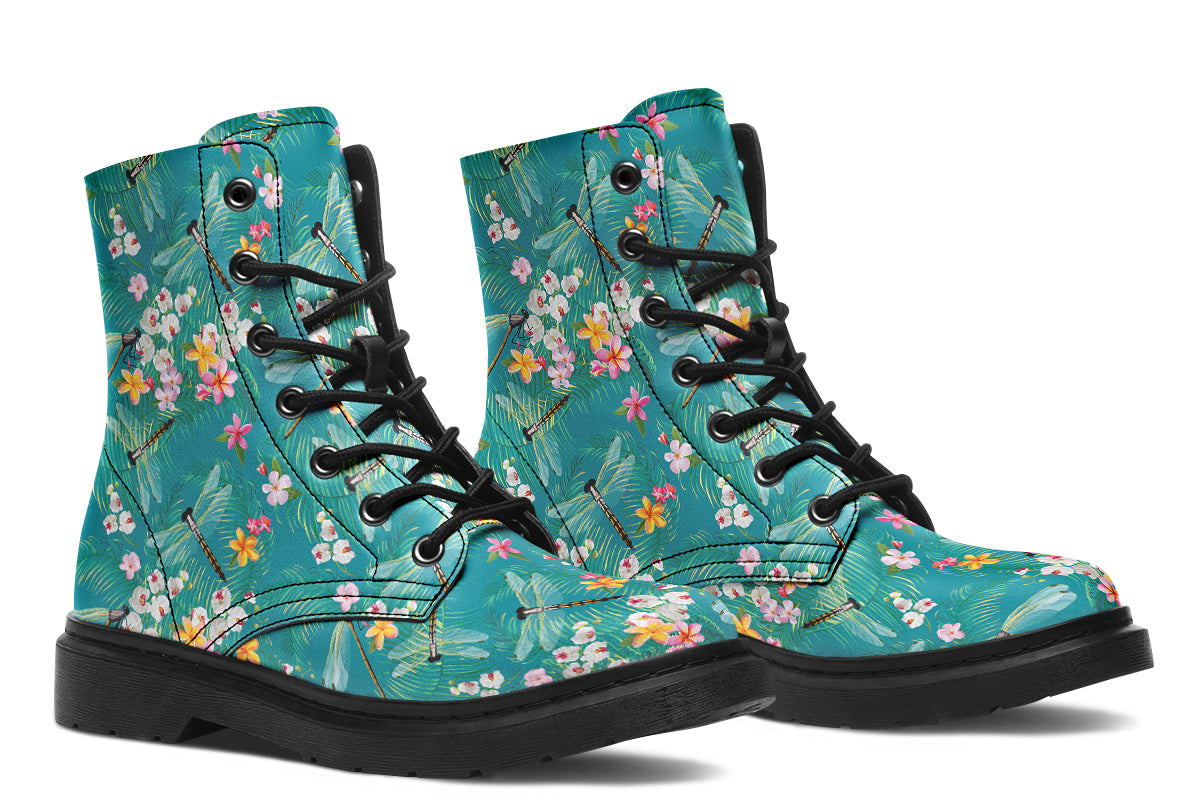 Teal boots with a pattern of soft florals and dragonflies