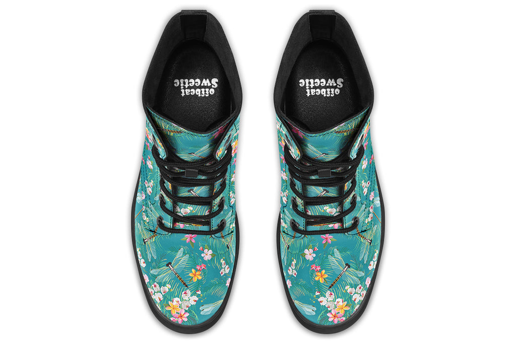 Teal boots with a pattern of soft florals and dragonflies
