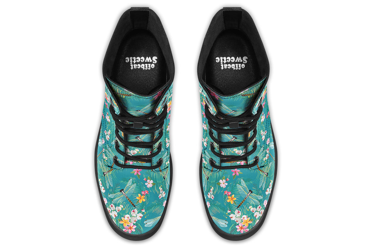 Teal boots with a pattern of soft florals and dragonflies