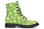 Light green boots with a white daisy pattern