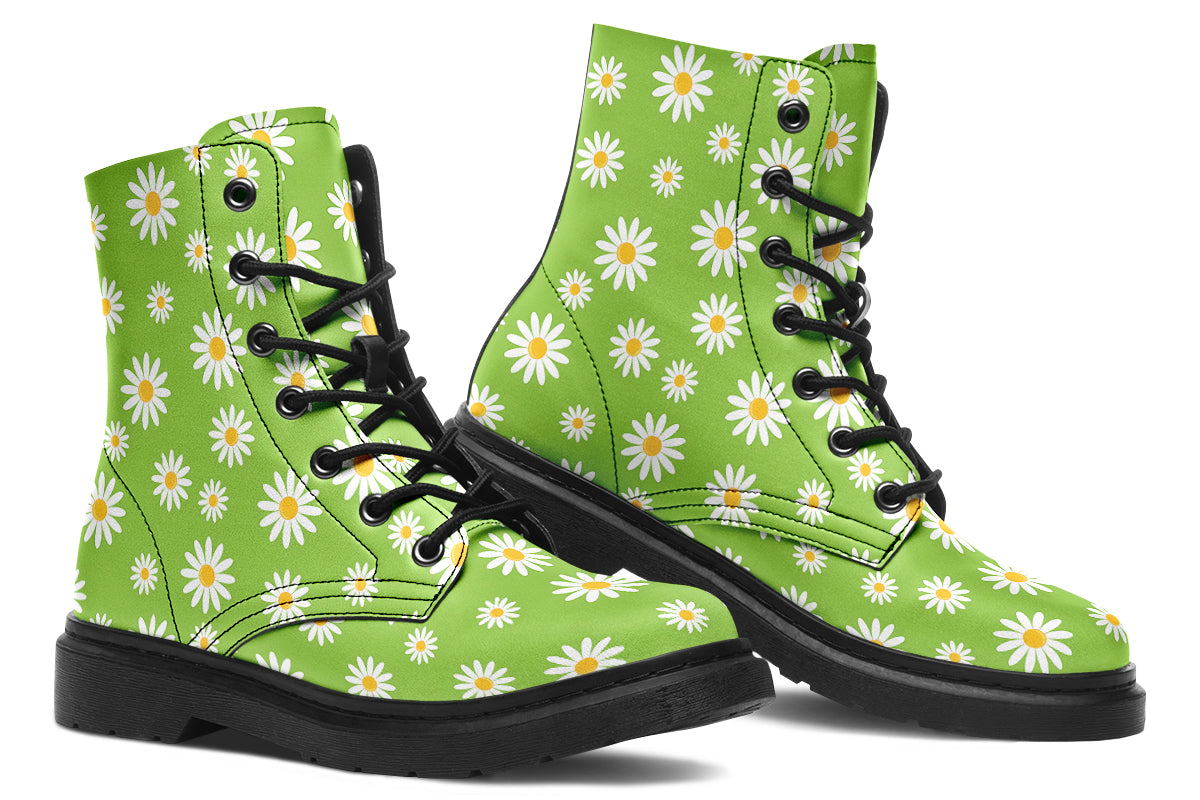 Light green boots with a white daisy pattern