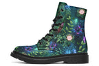 Dark green boots featuring a garden design with fairies and butterflies