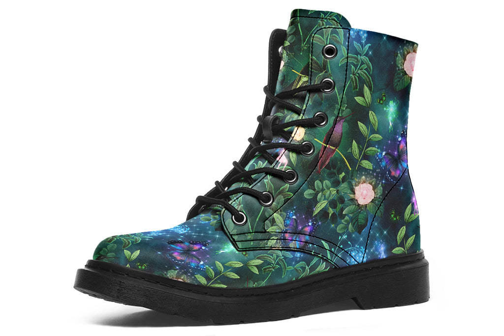 Dark green boots featuring a garden design with fairies and butterflies