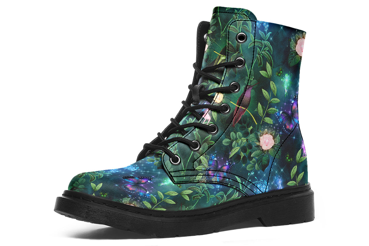 Dark green boots featuring a garden design with fairies and butterflies