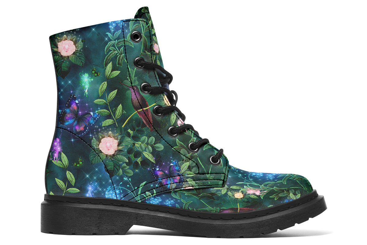 Dark green boots featuring a garden design with fairies and butterflies