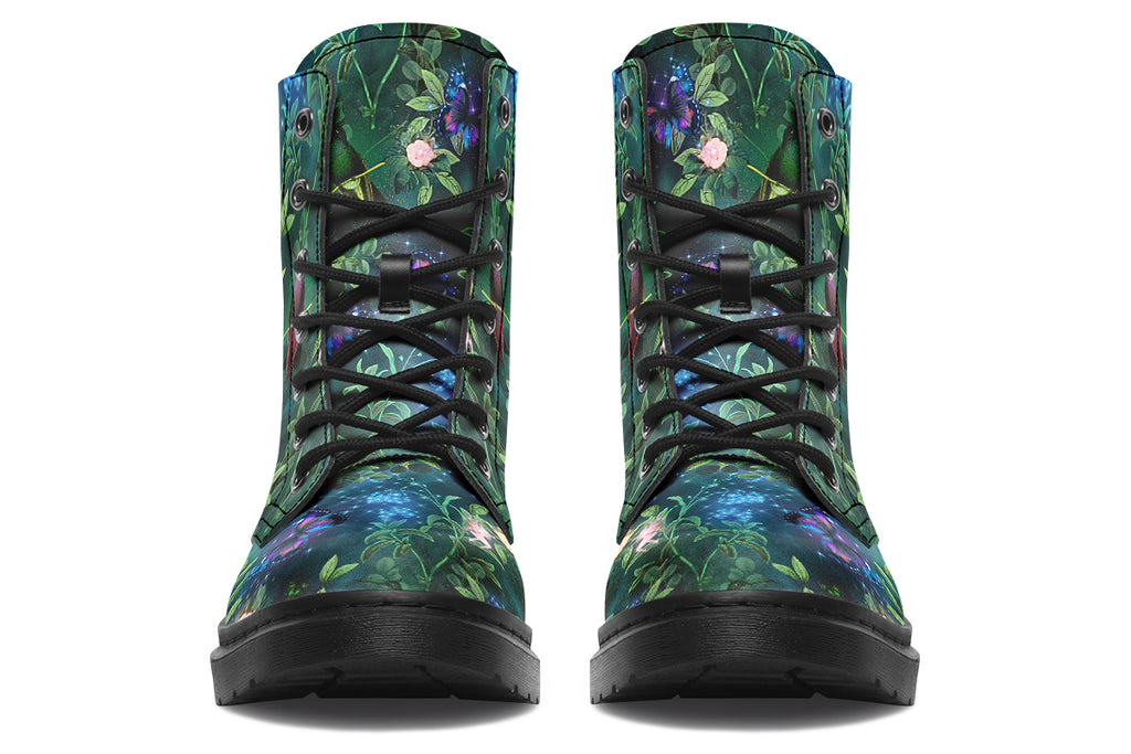 Dark green boots featuring a garden design with fairies and butterflies