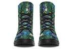 Dark green boots featuring a garden design with fairies and butterflies