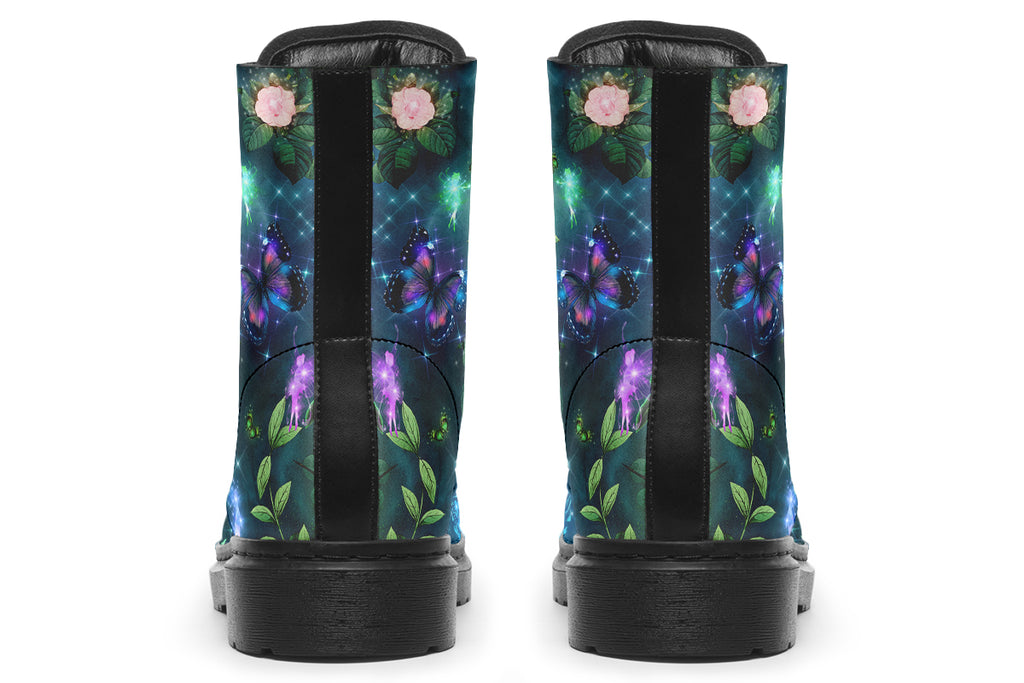 Dark green boots featuring a garden design with fairies and butterflies
