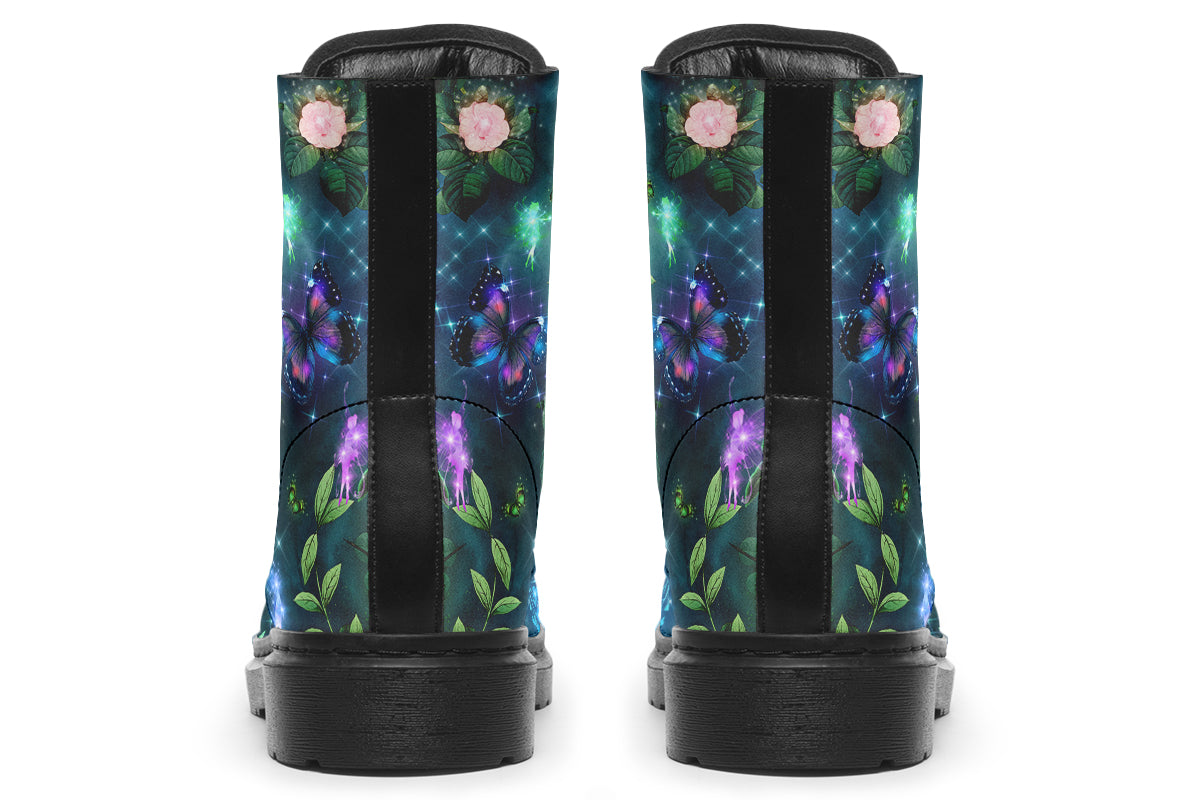 Dark green boots featuring a garden design with fairies and butterflies