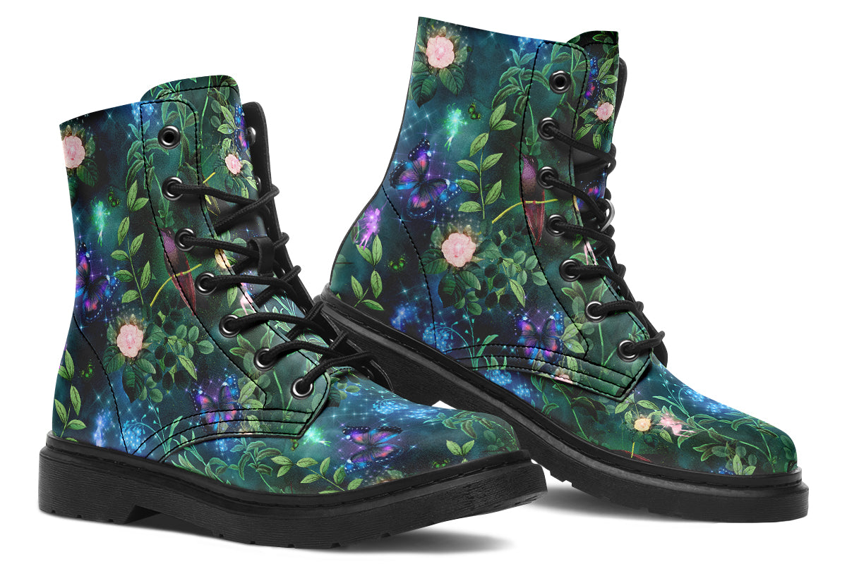 Dark green boots featuring a garden design with fairies and butterflies