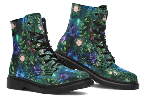 Dark green boots featuring a garden design with fairies and butterflies