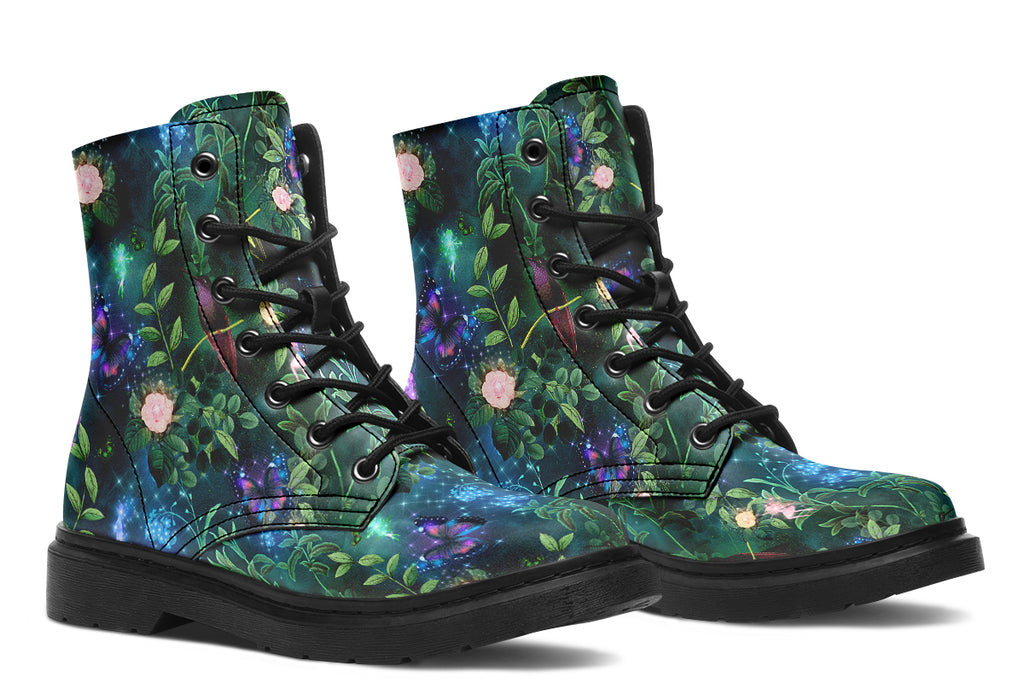Dark green boots featuring a garden design with fairies and butterflies