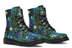 Dark green boots featuring a garden design with fairies and butterflies