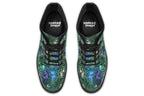 Dark green boots featuring a garden design with fairies and butterflies