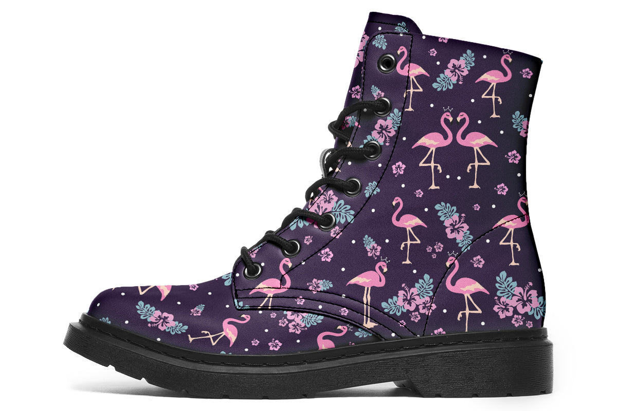 Dark plum coloured boots with a pattern of pink flamingoes and pink flowers with green leaves