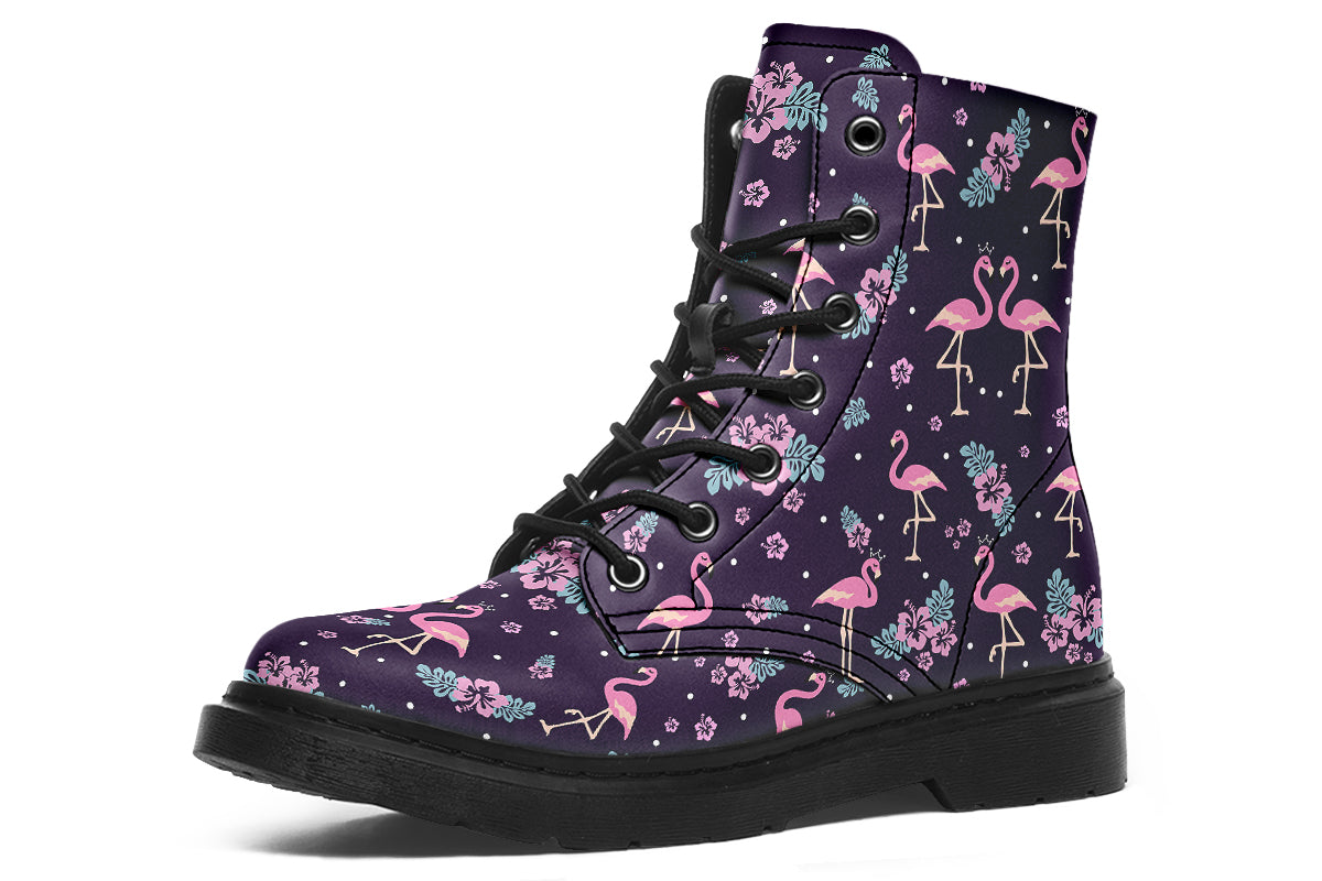 Dark plum coloured boots with a pattern of pink flamingoes and pink flowers with green leaves
