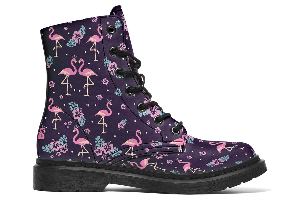 Dark plum coloured boots with a pattern of pink flamingoes and pink flowers with green leaves