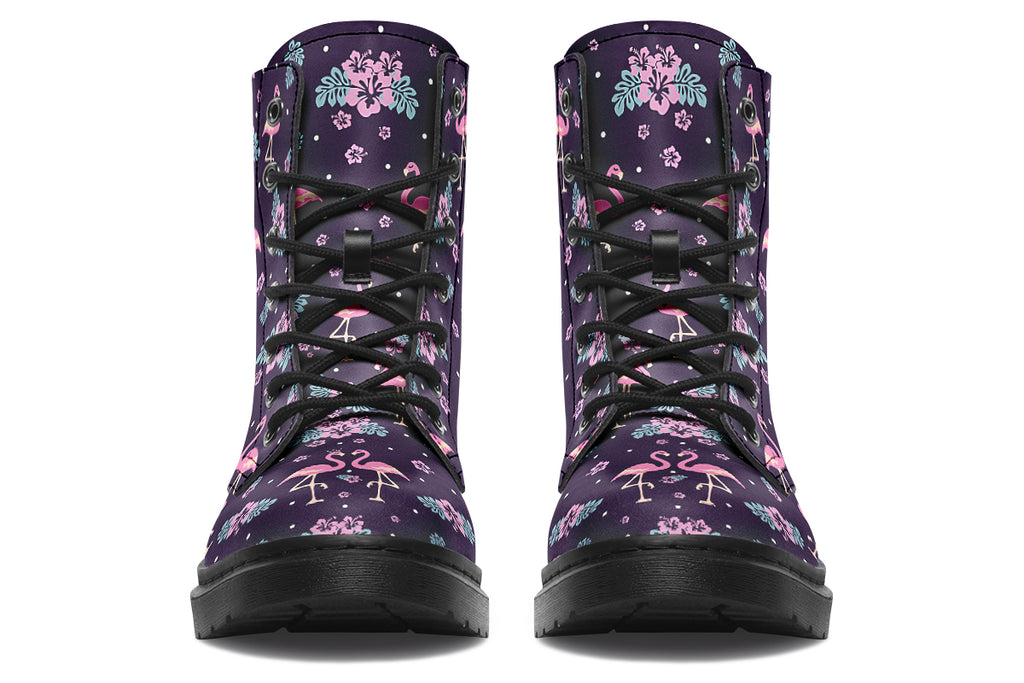Dark plum coloured boots with a pattern of pink flamingoes and pink flowers with green leaves