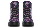 Dark plum coloured boots with a pattern of pink flamingoes and pink flowers with green leaves