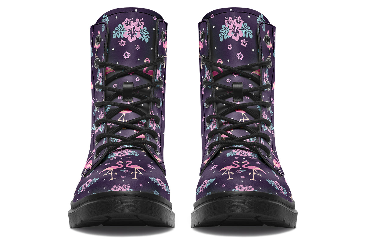 Dark plum coloured boots with a pattern of pink flamingoes and pink flowers with green leaves