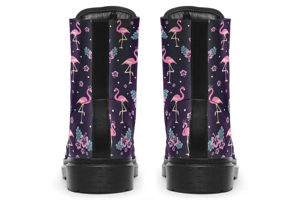 Dark plum coloured boots with a pattern of pink flamingoes and pink flowers with green leaves