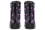 Dark plum coloured boots with a pattern of pink flamingoes and pink flowers with green leaves