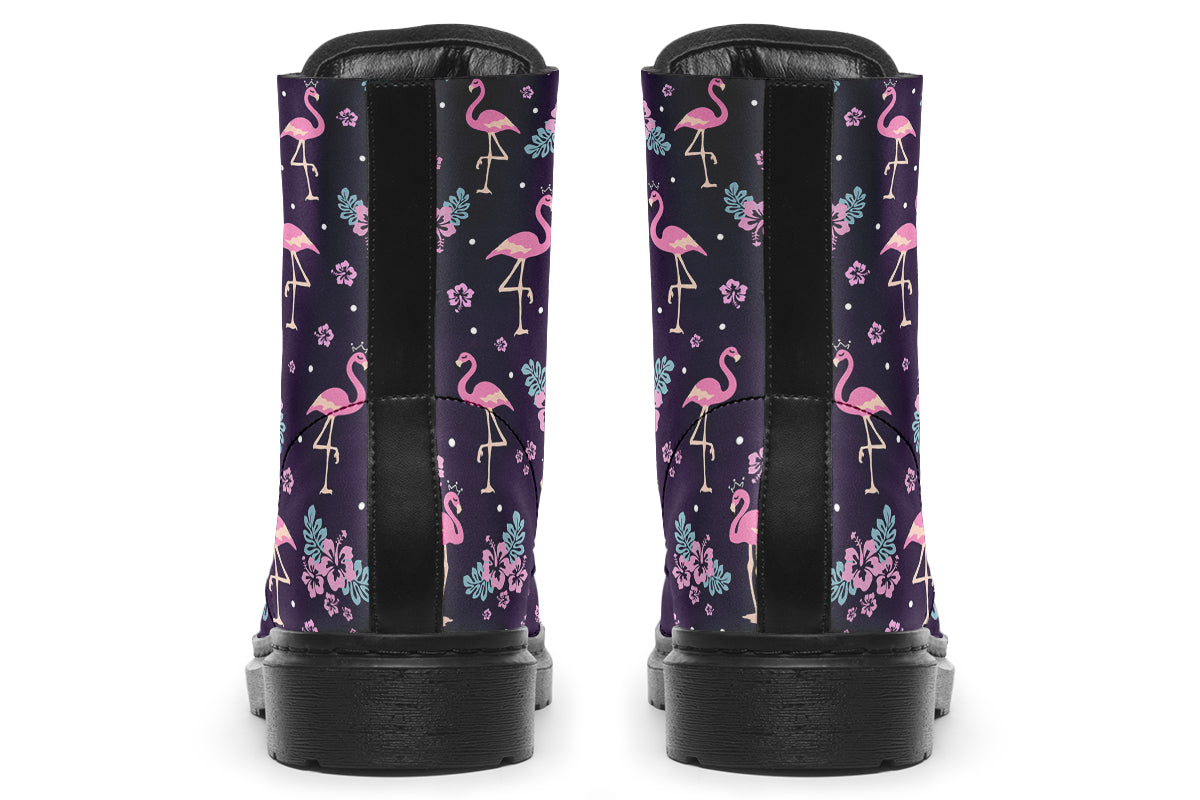 Dark plum coloured boots with a pattern of pink flamingoes and pink flowers with green leaves