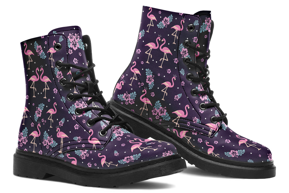 Dark plum coloured boots with a pattern of pink flamingoes and pink flowers with green leaves