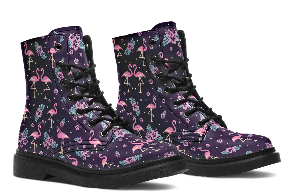 Dark plum coloured boots with a pattern of pink flamingoes and pink flowers with green leaves