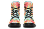 Light blue boots with a pattern of florals in oranges and pinks.